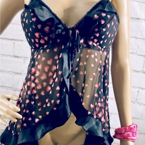 Black Lingerie W Pink Hearts OS Silky Sash Tie Ruffles Open Front Coquette - Picture 4 of 10